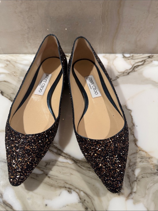 Jimmy Choo Shoes - Jimmy Choo Black and Bronze Glitter Pointed-Toe Flats